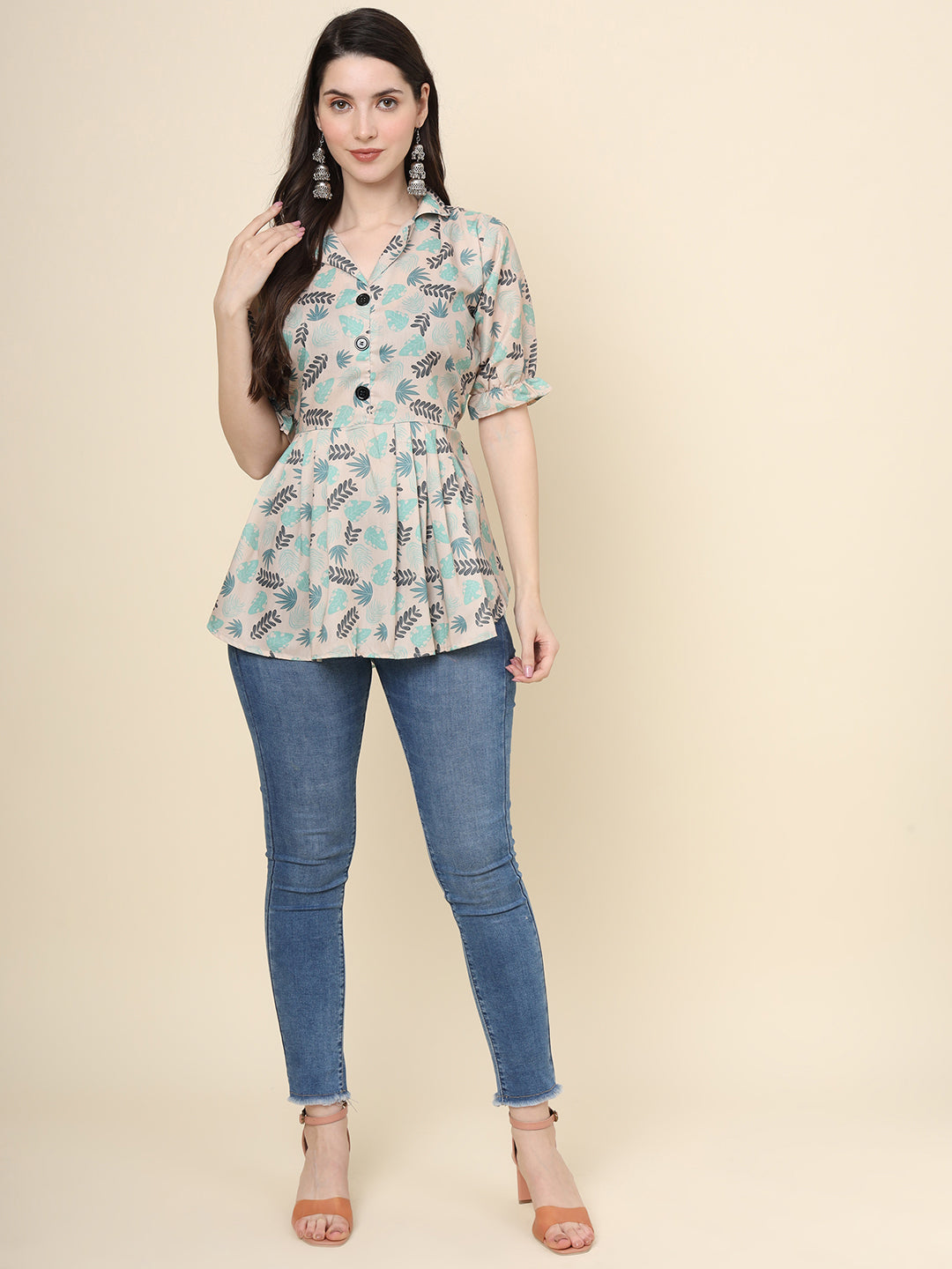 Stylish Cream Short Kurta | Cotton Printed Indian Wear for Women