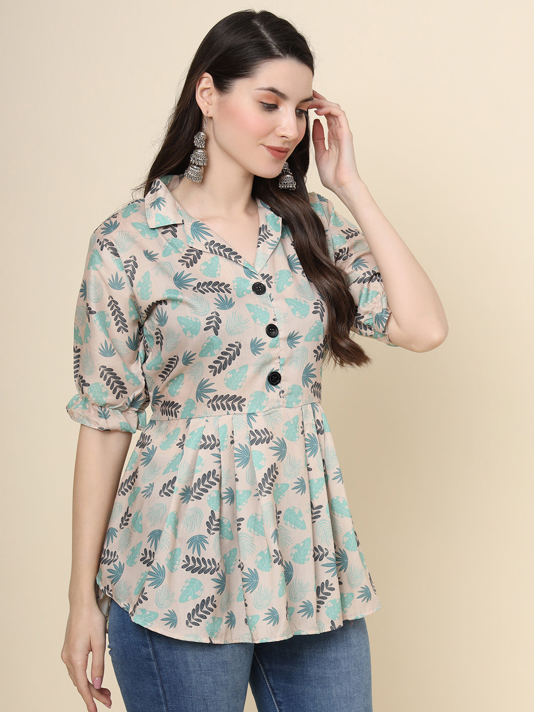 Stylish Cream Short Kurta | Cotton Printed Indian Wear for Women