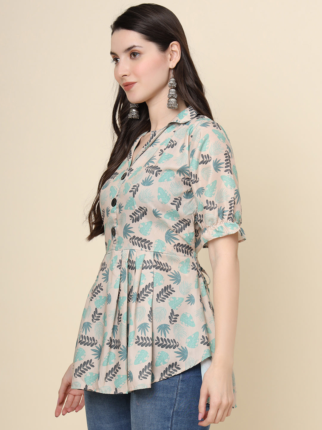 Stylish Cream Short Kurta | Cotton Printed Indian Wear for Women