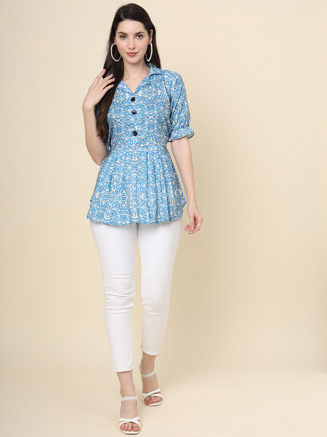 Blue Cotton Kurti | Designer Printed Short Ethnic Wear