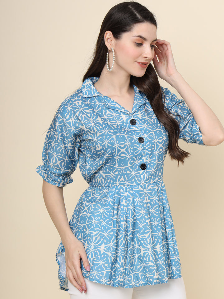 Blue Cotton Kurti | Designer Printed Short Ethnic Wear