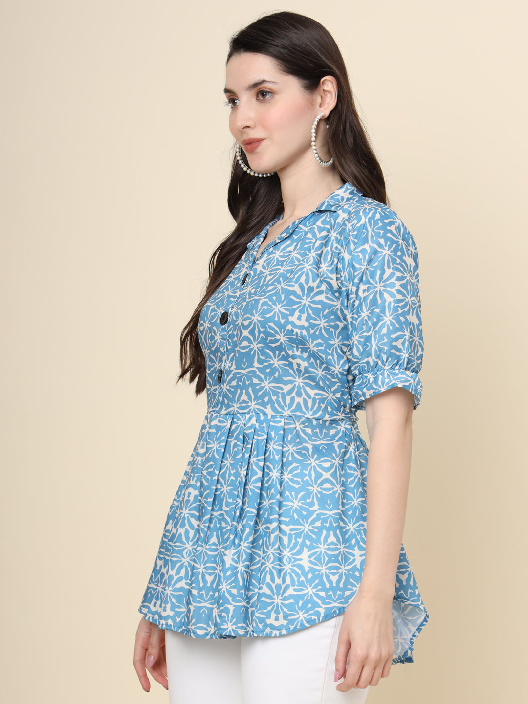 Blue Cotton Kurti | Designer Printed Short Ethnic Wear