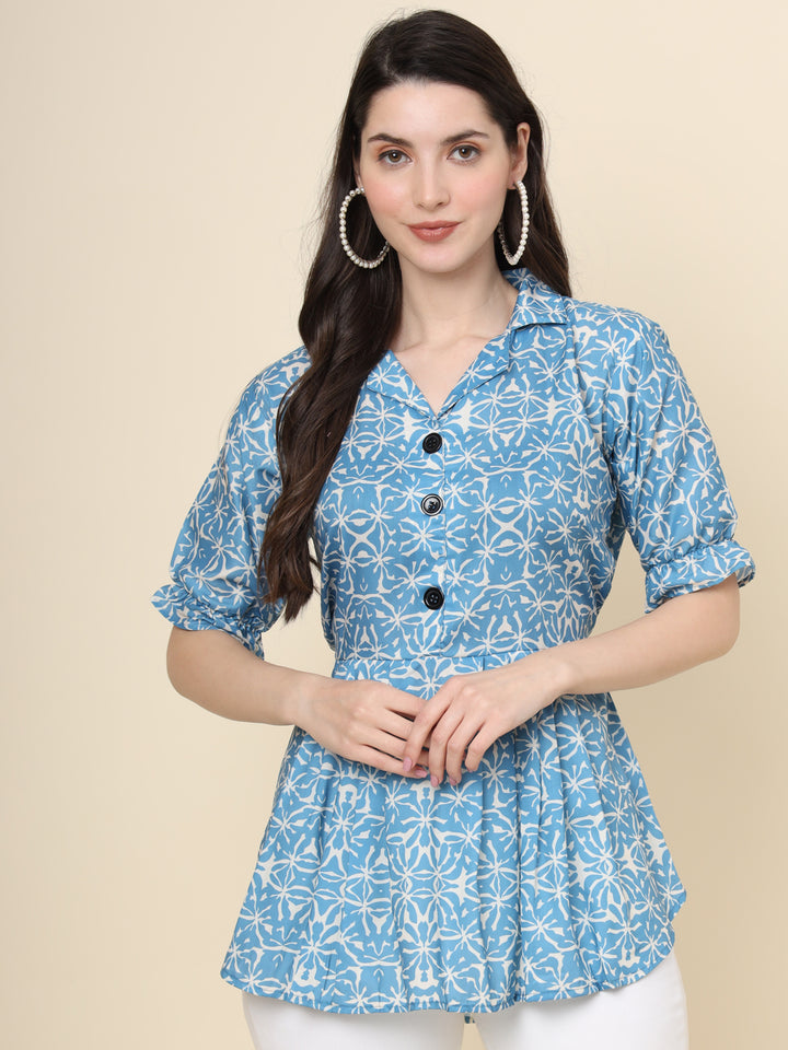 Blue Cotton Kurti | Designer Printed Short Ethnic Wear