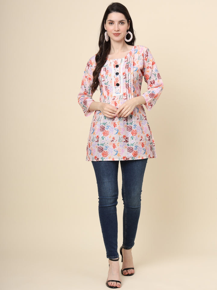 Peach Cotton Kurti | Designer Printed Short Ethnic Wear