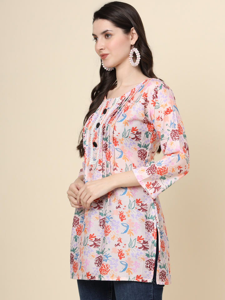 Peach Cotton Kurti | Designer Printed Short Ethnic Wear