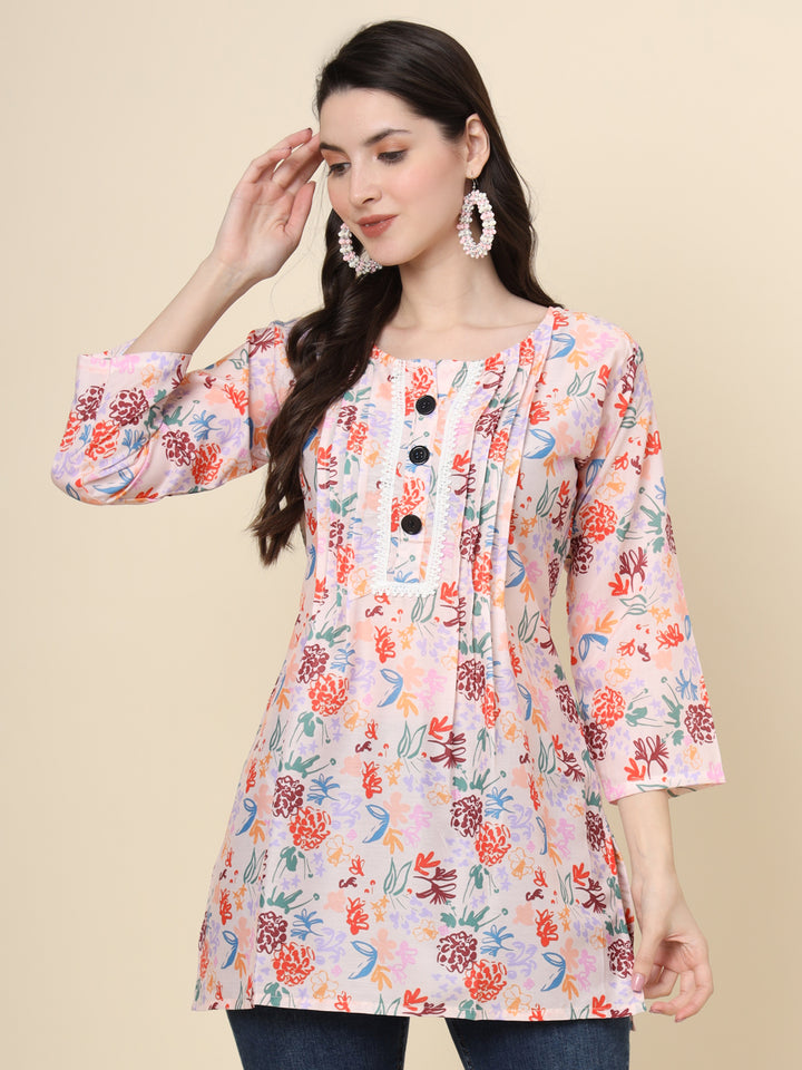 Peach Cotton Kurti | Designer Printed Short Ethnic Wear