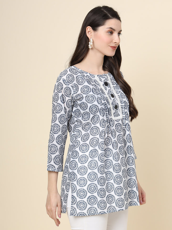 Grey Cotton Kurti | Designer Printed Short Ethnic Indian Wear for Women