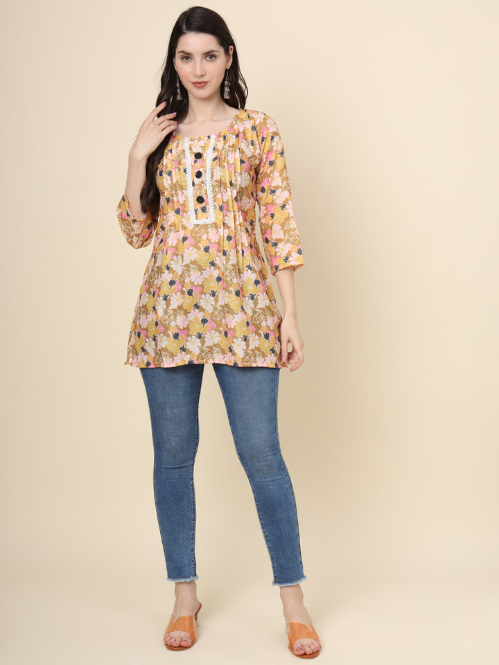 Stylish Mustard Kurta | Printed Short Cotton Indian Ethnic Wear for Women