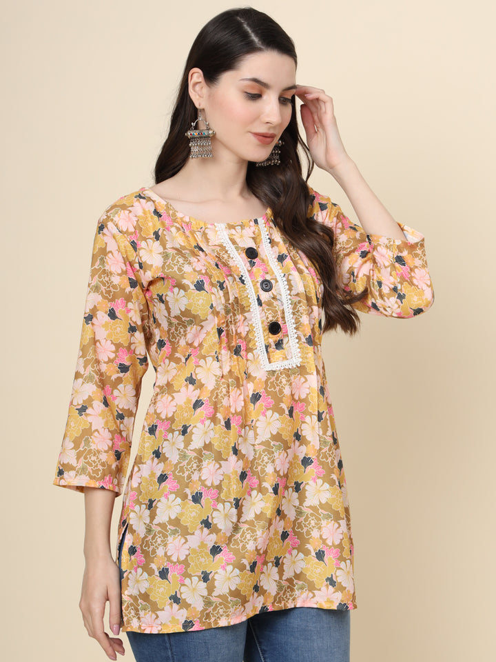 Stylish Mustard Kurta | Printed Short Cotton Indian Ethnic Wear for Women