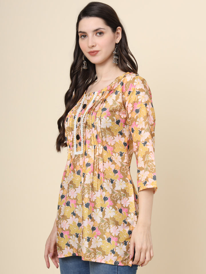 Stylish Mustard Kurta | Printed Short Cotton Indian Ethnic Wear for Women