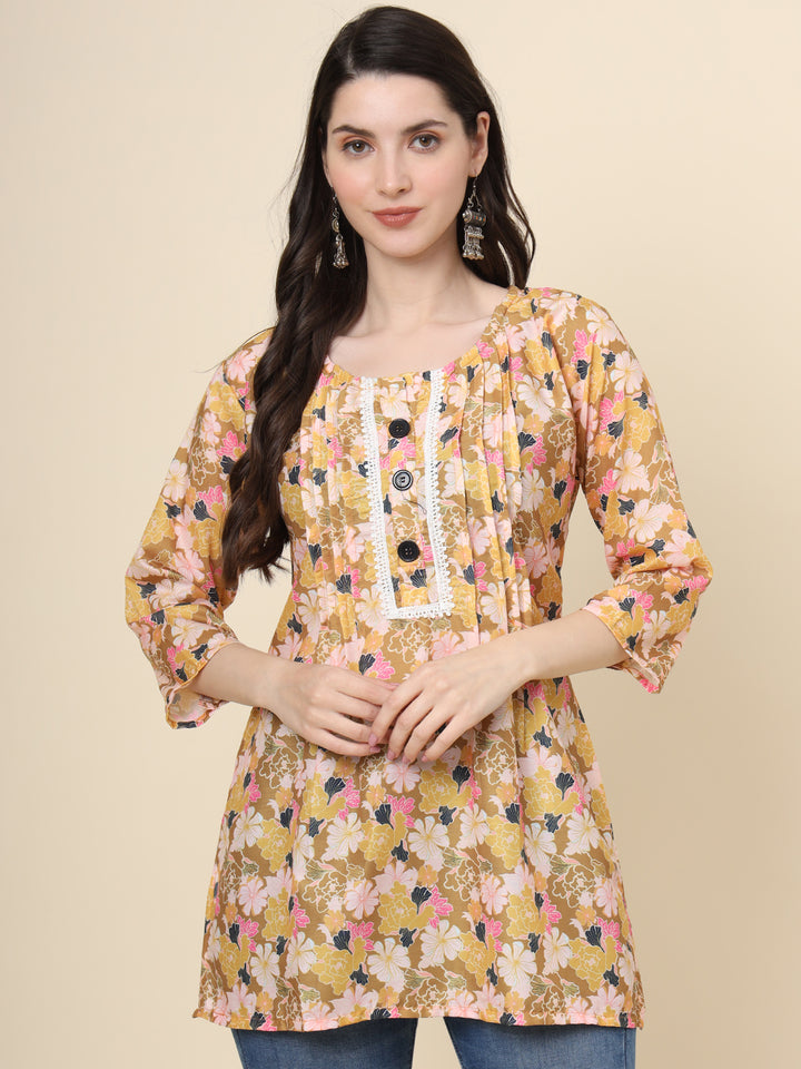 Stylish Mustard Kurta | Printed Short Cotton Indian Ethnic Wear for Women