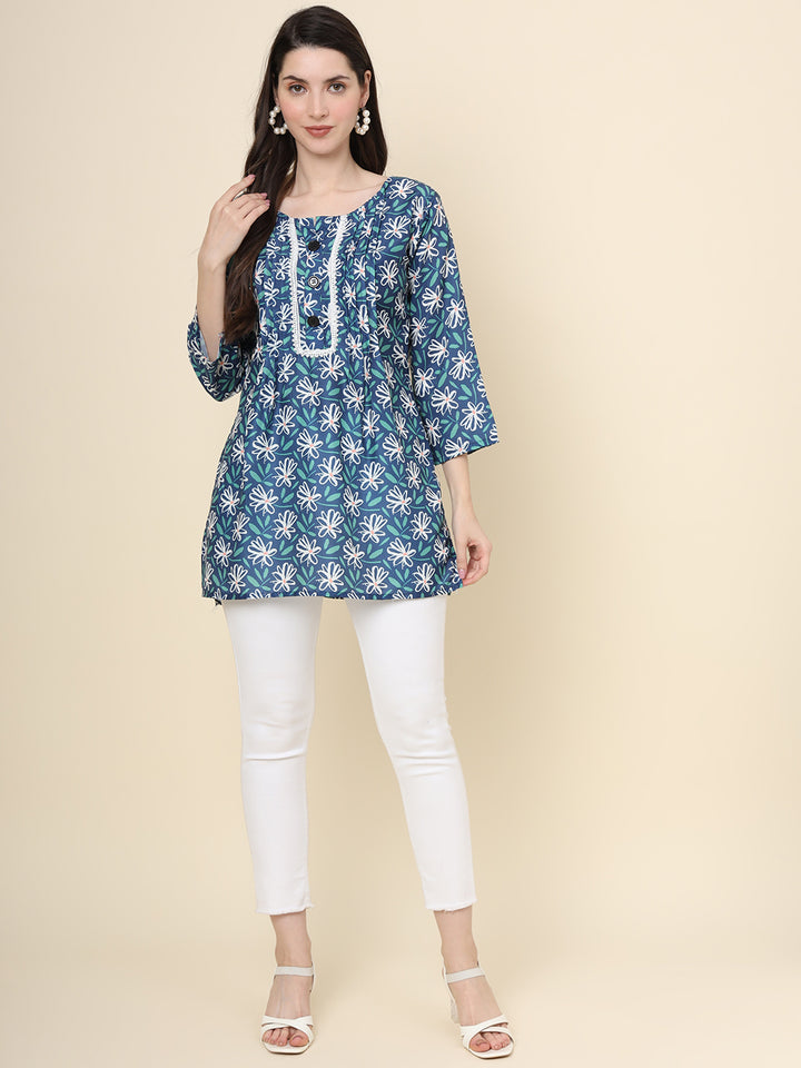 Blue Cotton Kurti | Designer Printed Short Ethnic Wear for Women