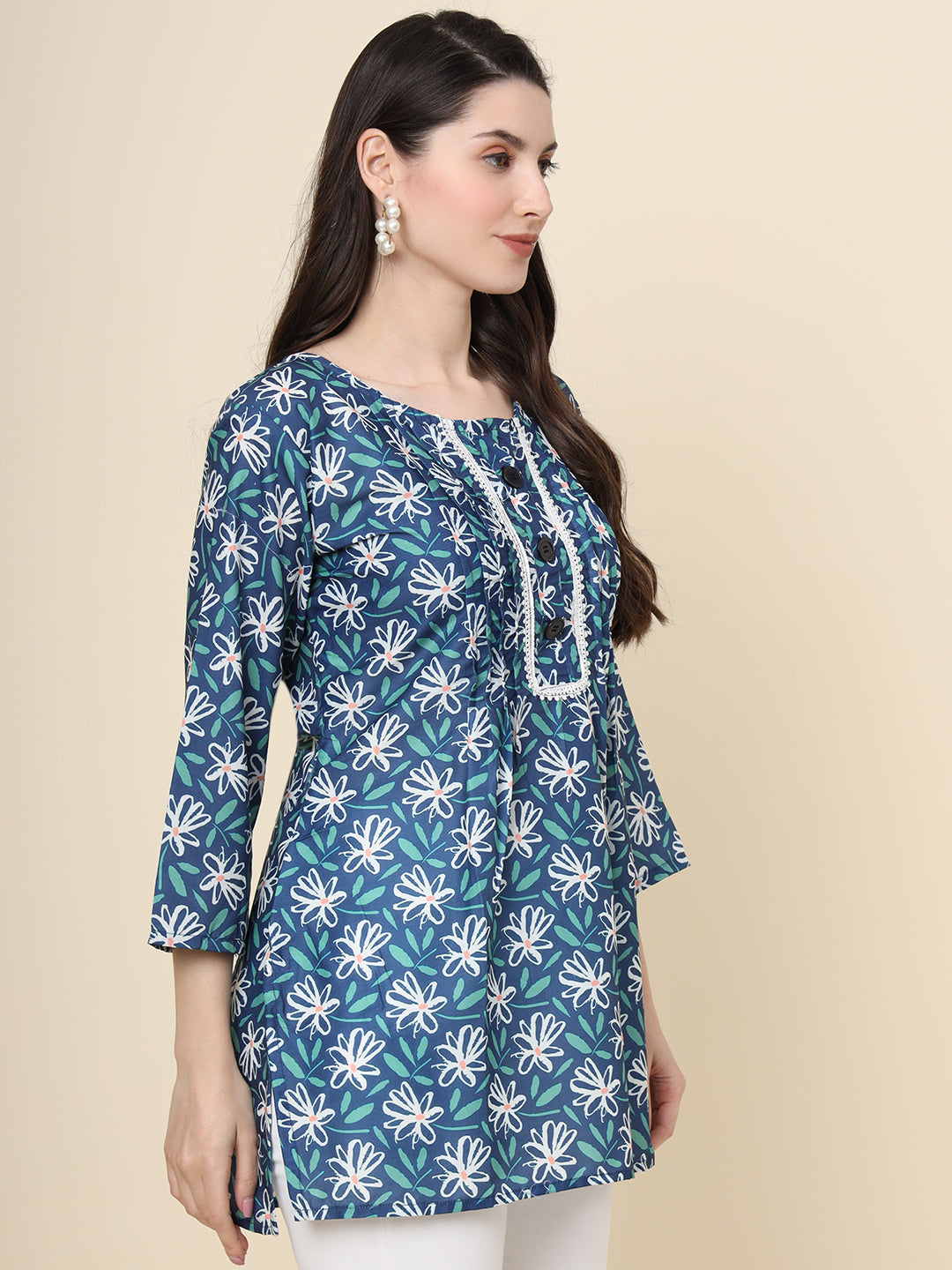 Blue Cotton Kurti | Designer Printed Short Ethnic Wear for Women