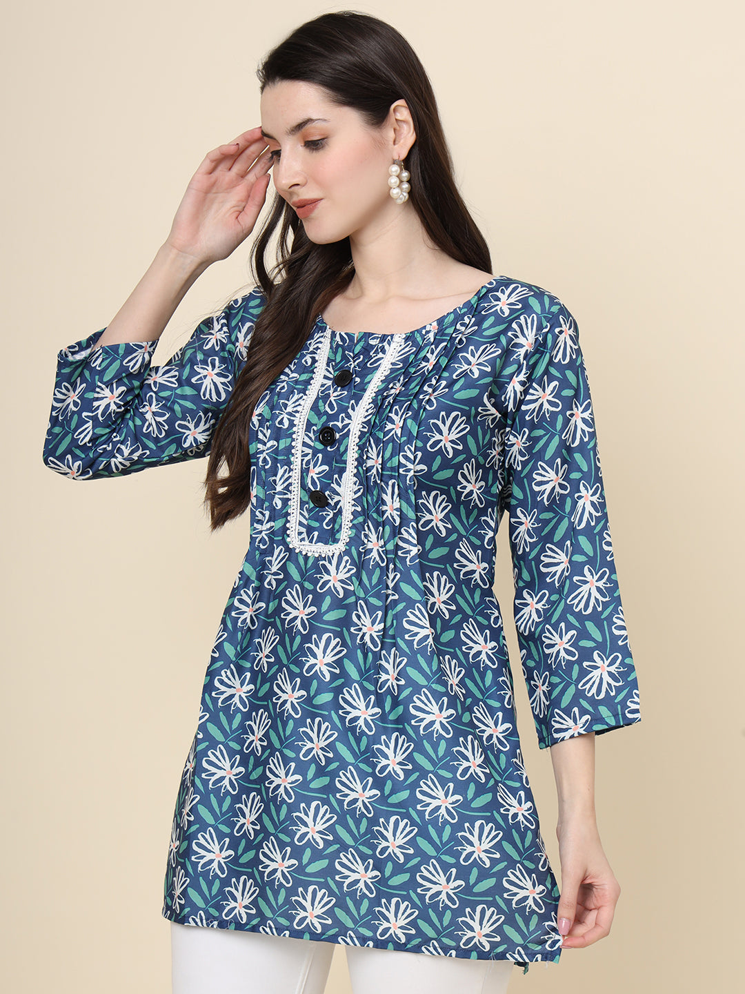 Blue Cotton Kurti | Designer Printed Short Ethnic Wear for Women