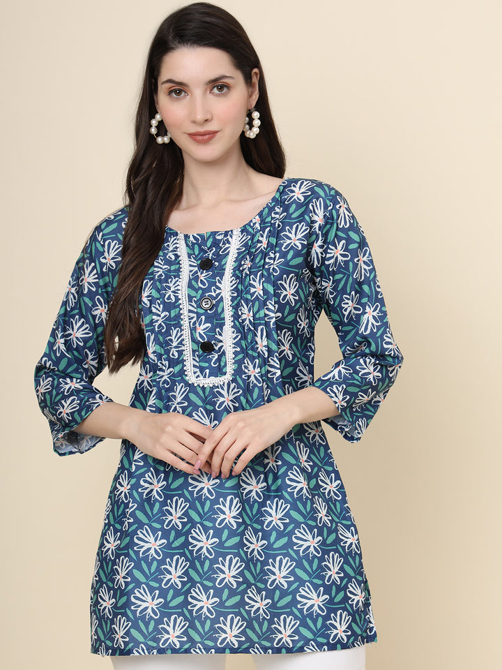 Blue Cotton Kurti | Designer Printed Short Ethnic Wear for Women