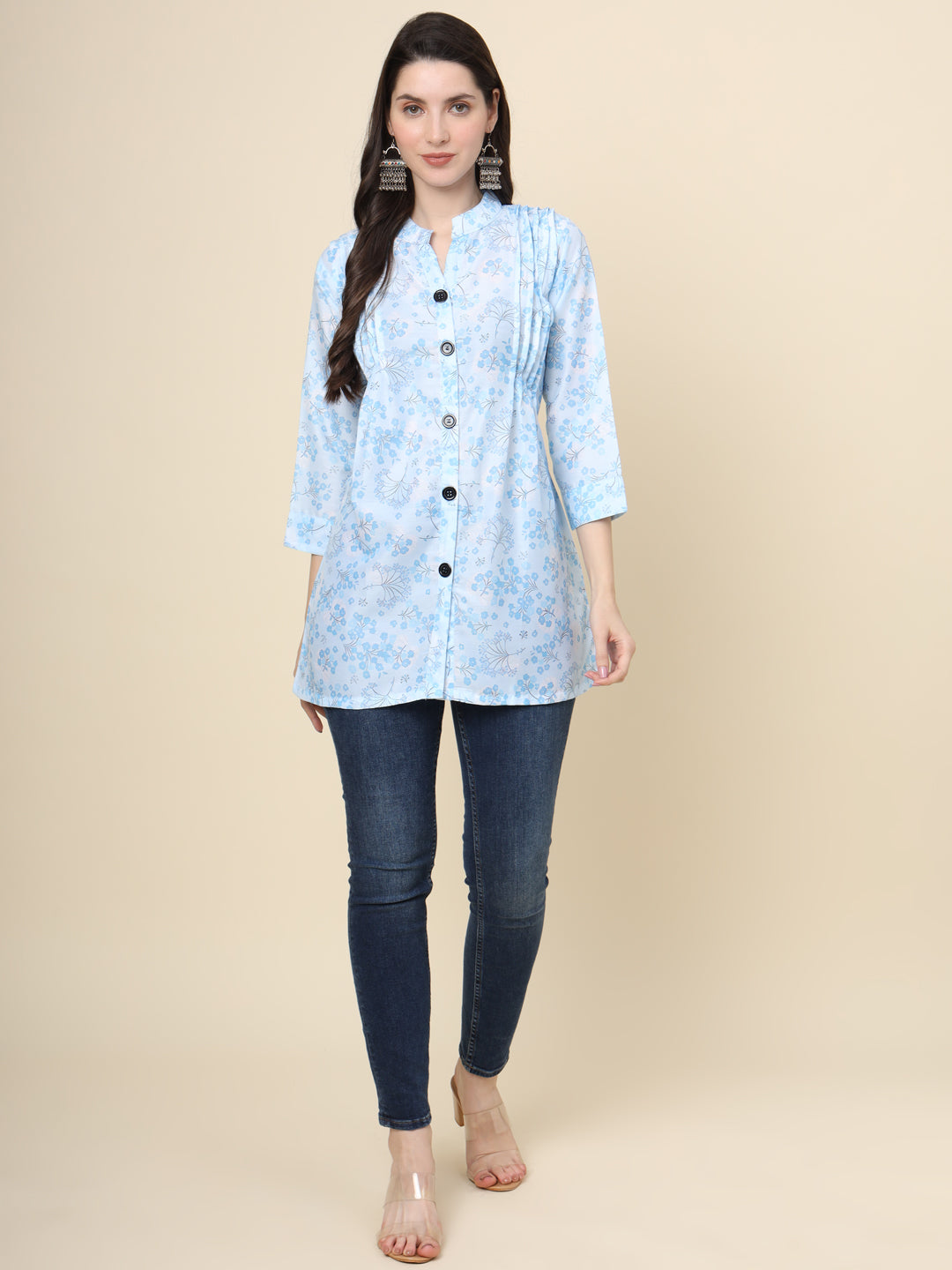 Sky Blue Cotton Kurti | Designer Printed Short Ethnic Wear