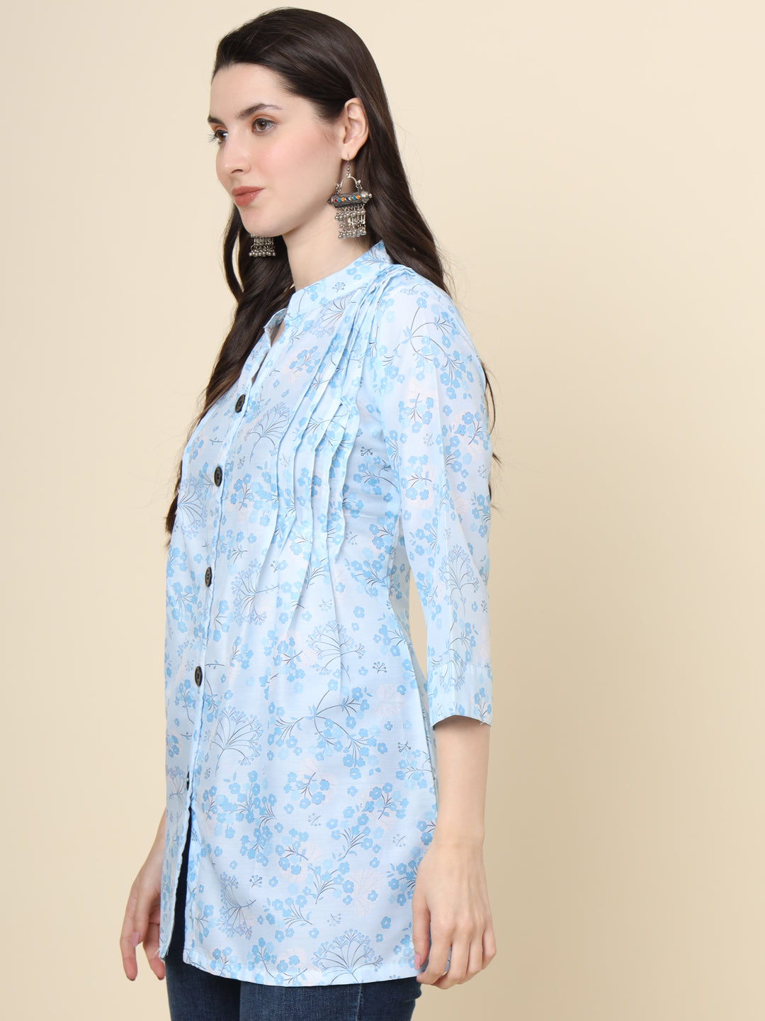 Sky Blue Cotton Kurti | Designer Printed Short Ethnic Wear