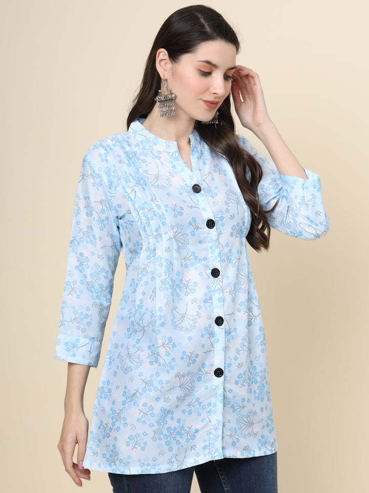 Sky Blue Cotton Kurti | Designer Printed Short Ethnic Wear