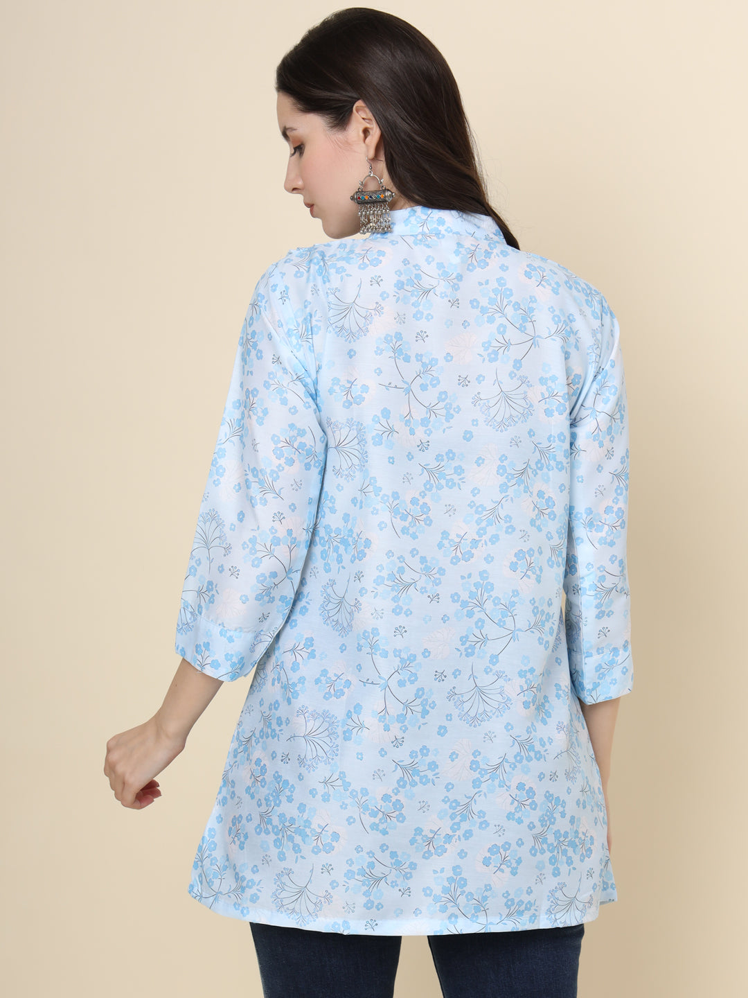 Sky Blue Cotton Kurti | Designer Printed Short Ethnic Wear