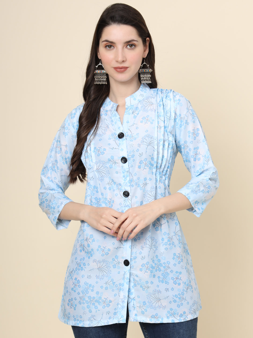 Sky Blue Cotton Kurti | Designer Printed Short Ethnic Wear