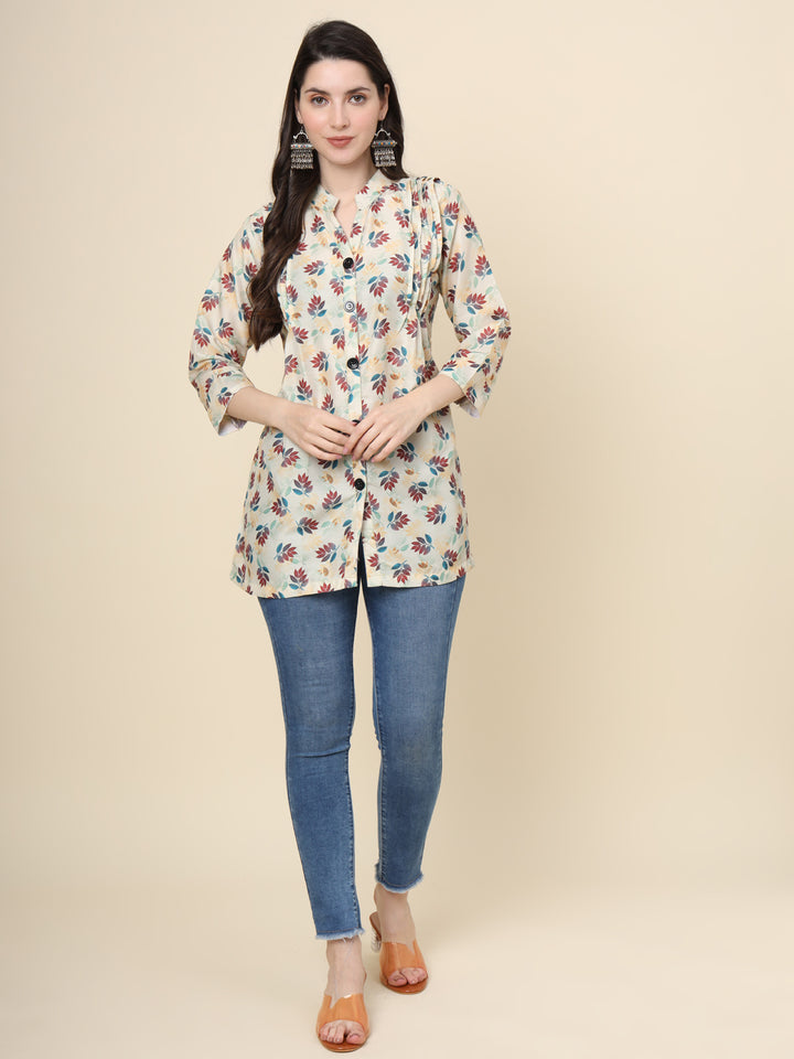 Off White Cotton Kurti | Designer Printed Ethnic Short Wear