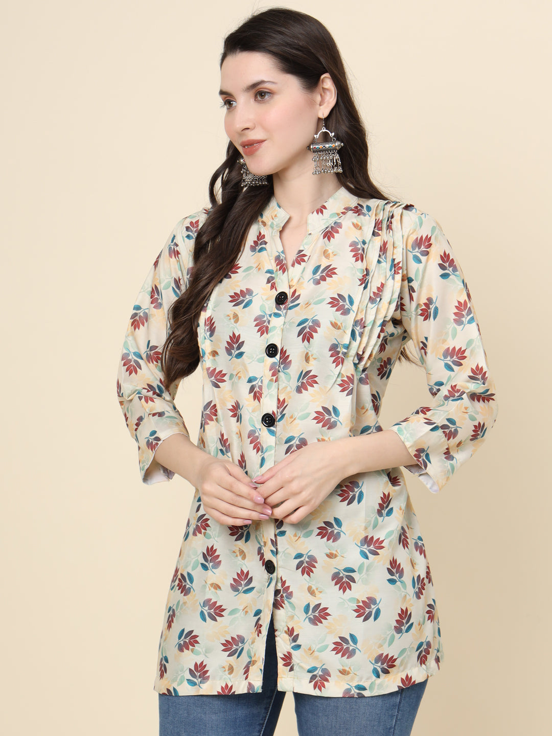 Off White Cotton Kurti | Designer Printed Ethnic Short Wear