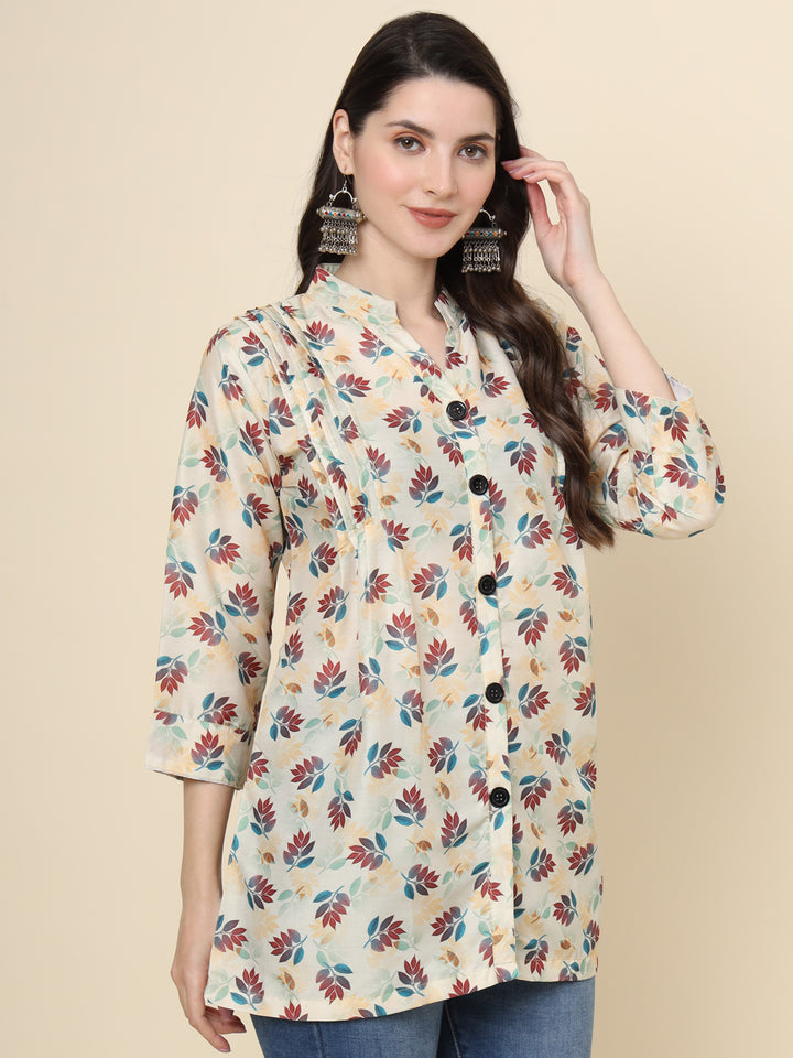 Off White Cotton Kurti | Designer Printed Ethnic Short Wear