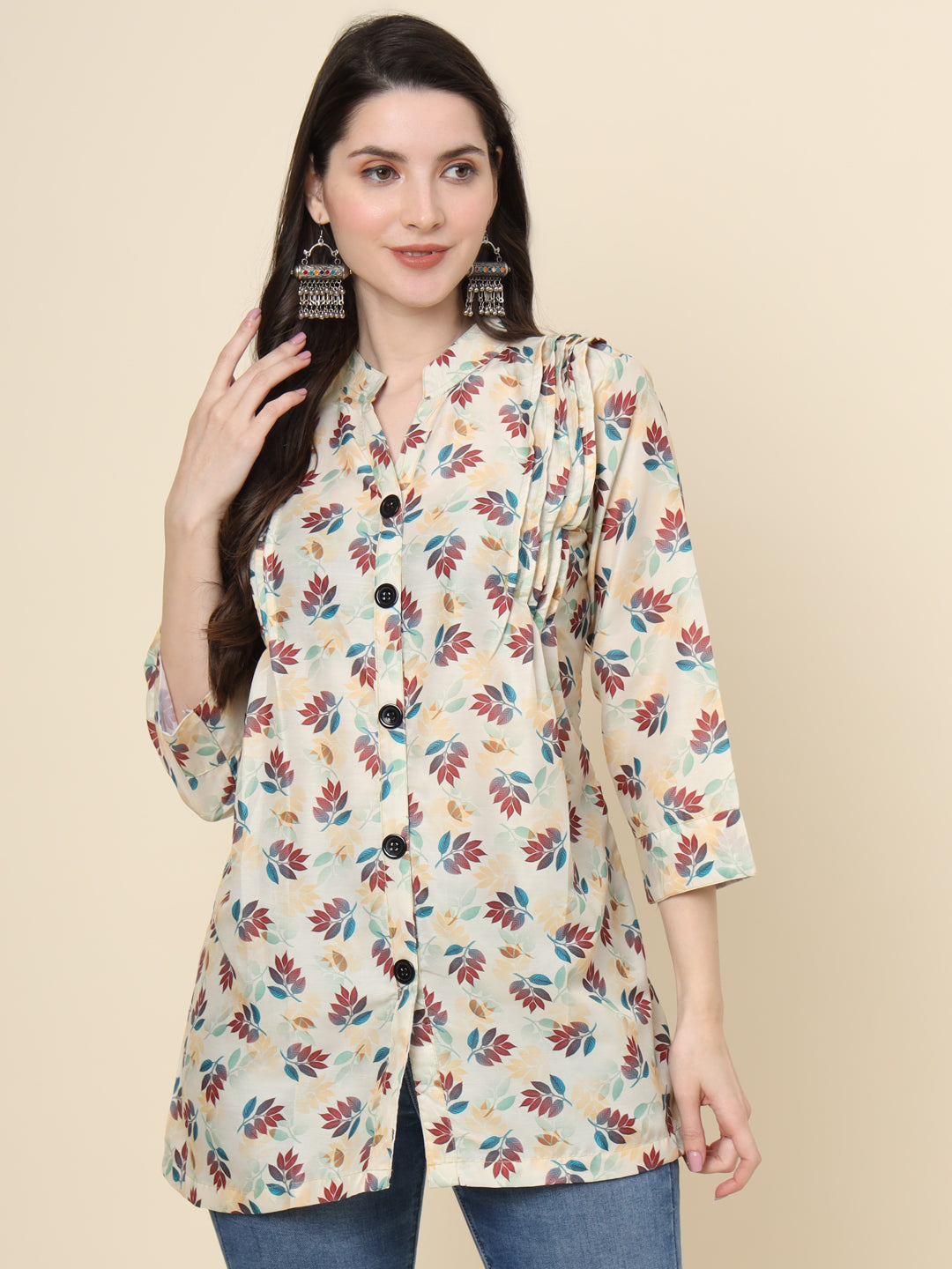 Off White Cotton Kurti | Designer Printed Ethnic Short Wear