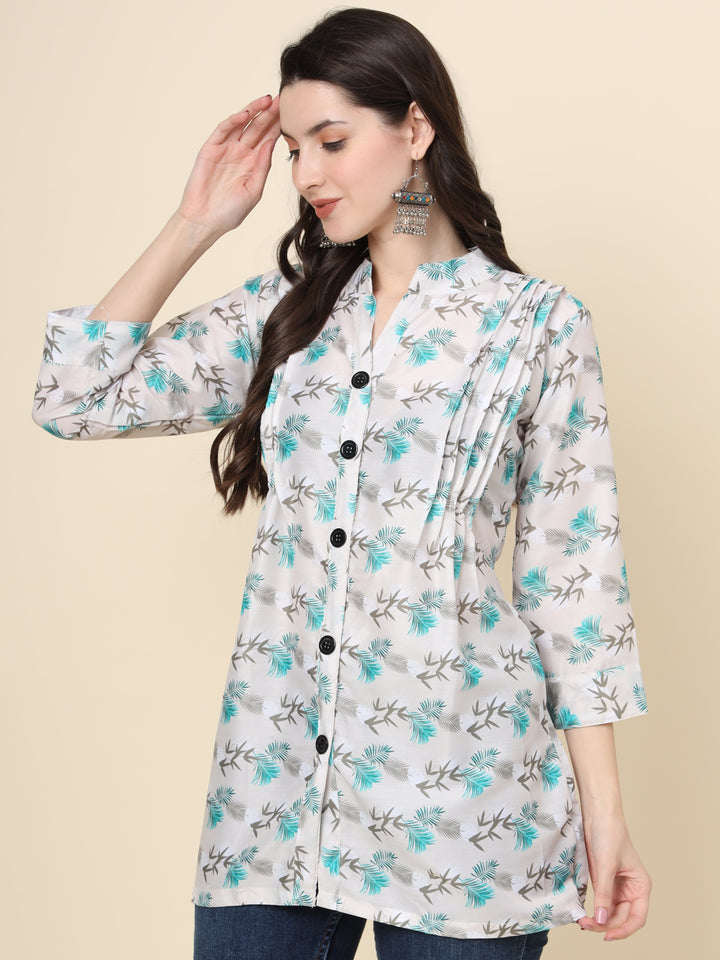 White Cotton Kurti | Designer Printed Ethnic Short Wear