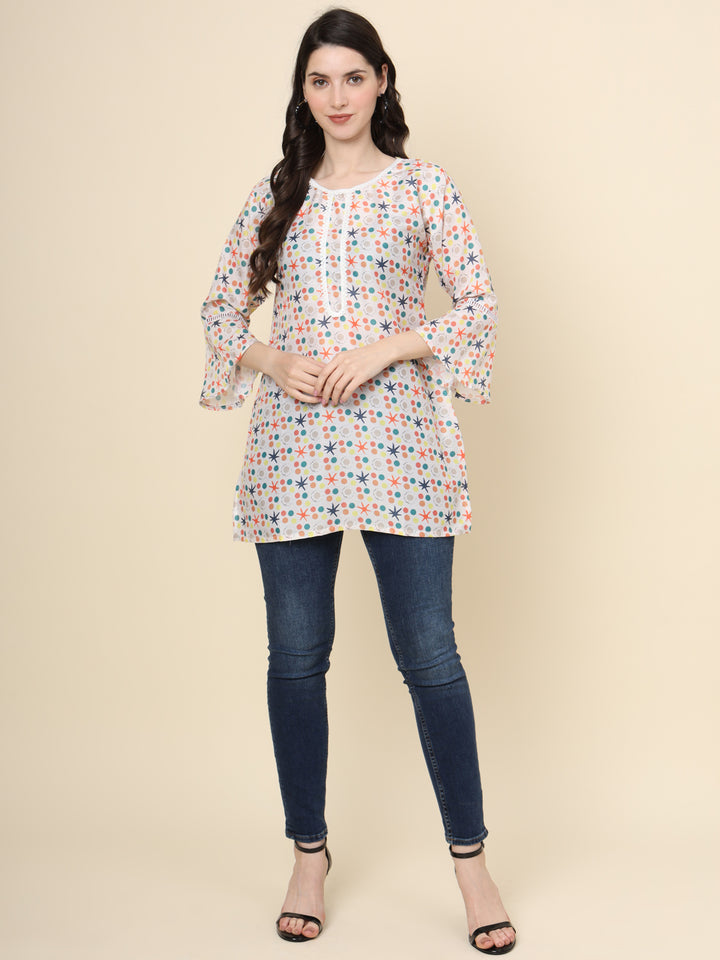 Designer White Cotton Kurti | Short Printed Ethnic Wear