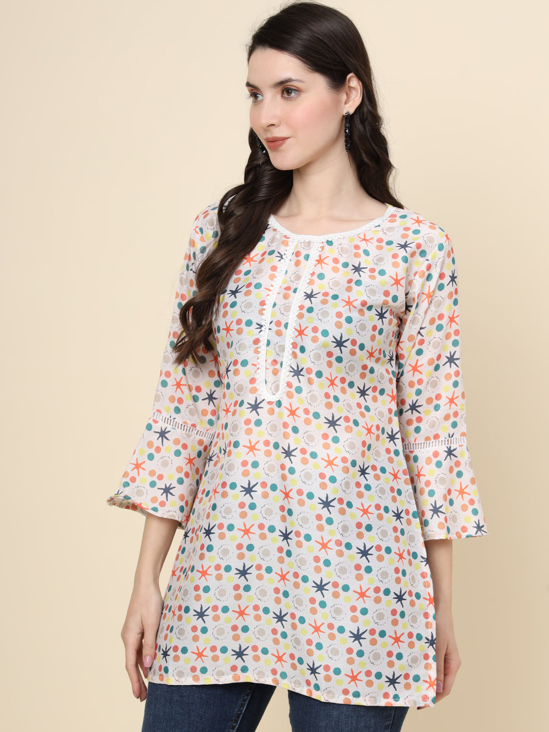 Designer White Cotton Kurti | Short Printed Ethnic Wear