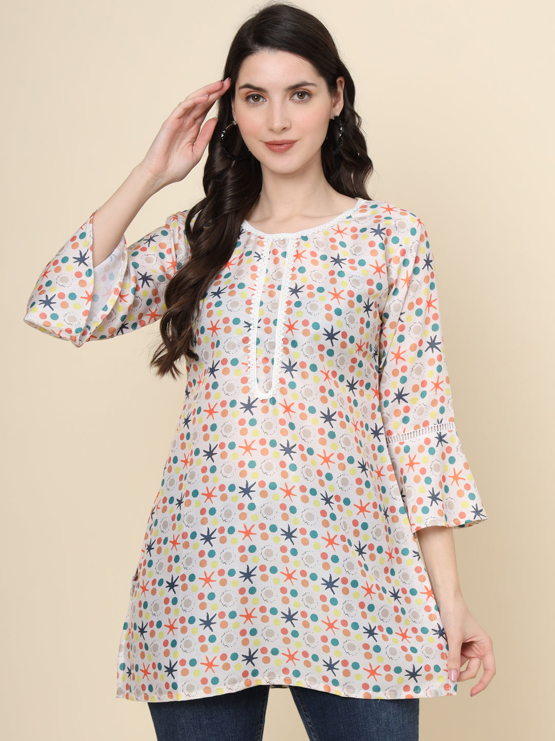 Designer White Cotton Kurti | Short Printed Ethnic Wear