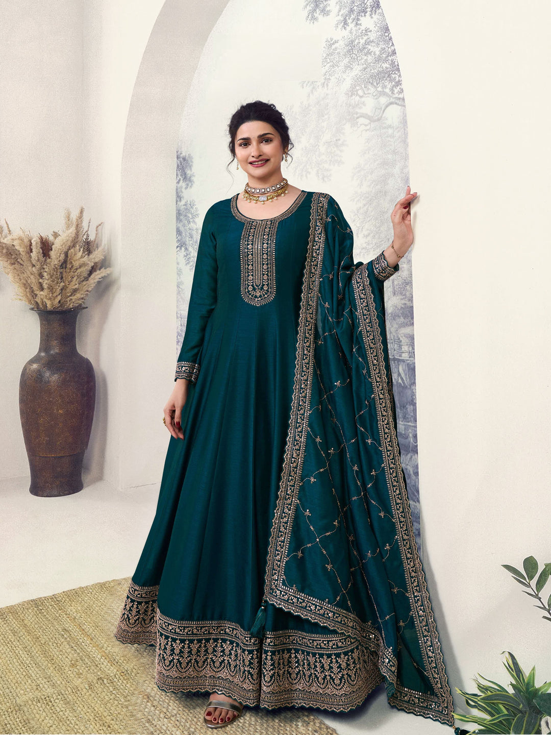 Elegant Designer Anarkali Suit | Silk Georgette with Santoon Bottom & Dupatta