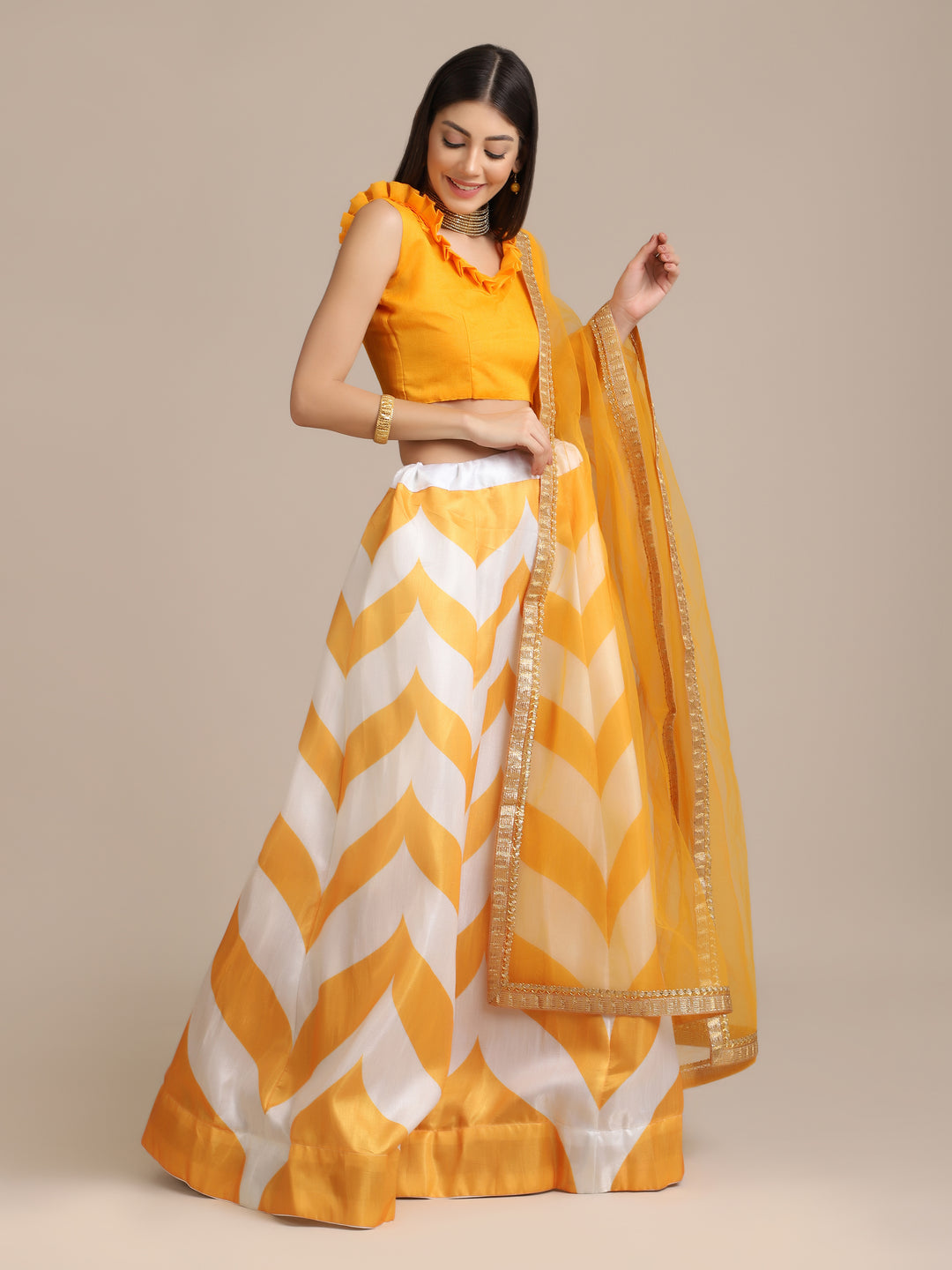 Elegant Yellow Banglory Silk Lehenga | Intricate Printed Work & Net Dupatta