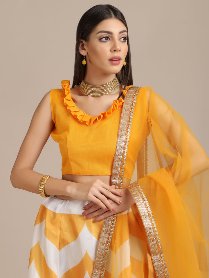 Elegant Yellow Banglory Silk Lehenga | Intricate Printed Work & Net Dupatta