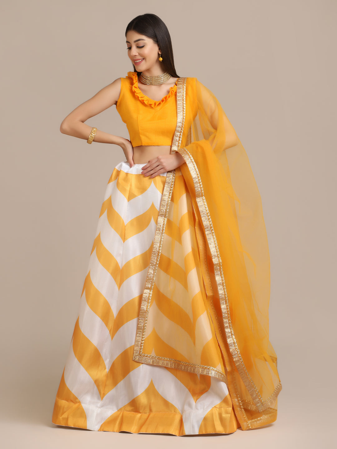 Elegant Yellow Banglory Silk Lehenga | Intricate Printed Work & Net Dupatta