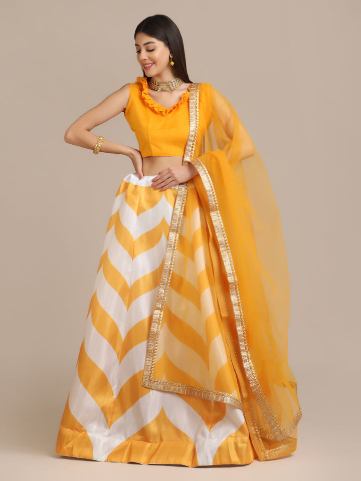 Elegant Yellow Banglory Silk Lehenga | Intricate Printed Work & Net Dupatta