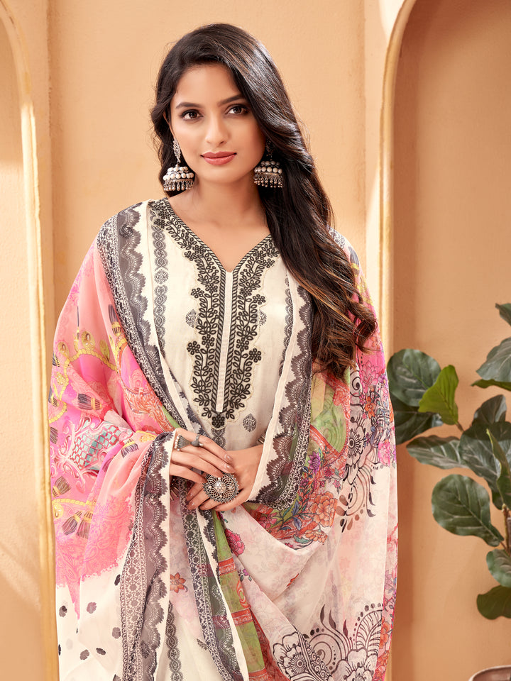 Off White Organza | Chanderi Viscose Suit with Embroidery Work for Women