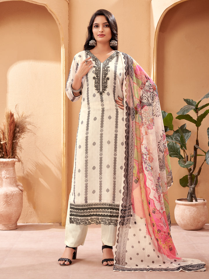 Off White Organza | Chanderi Viscose Suit with Embroidery Work for Women