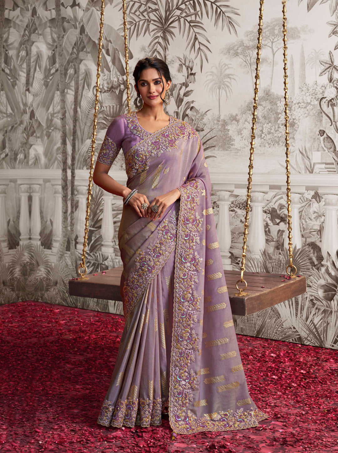 Dusty Lavender Dola Silk Saree | Matching Lavender Blouse Ensemble