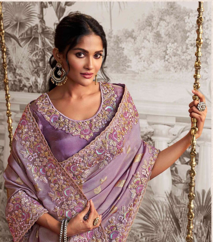 Dusty Lavender Dola Silk Saree | Matching Lavender Blouse Ensemble