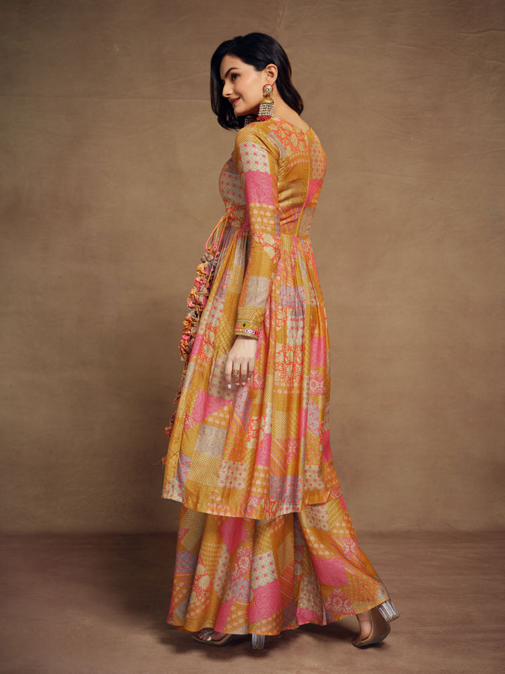 Mustard Muslin Palazzo Suit | Modern Printed and Embroidery Work for Women