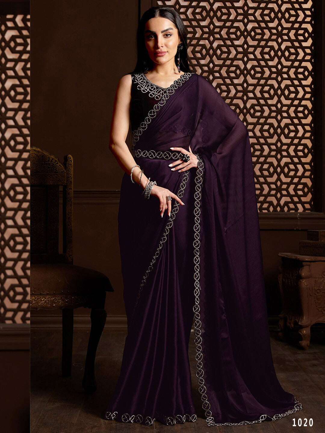 Satin Chiffon Saree | Designer Stone Work Party Wear Saree for Special Events