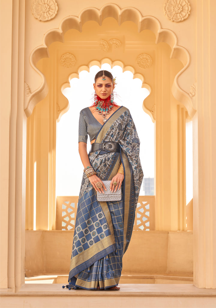 Stylish Party Wear Saree | Wevon Border PV Silk with Designer Prints Tradition