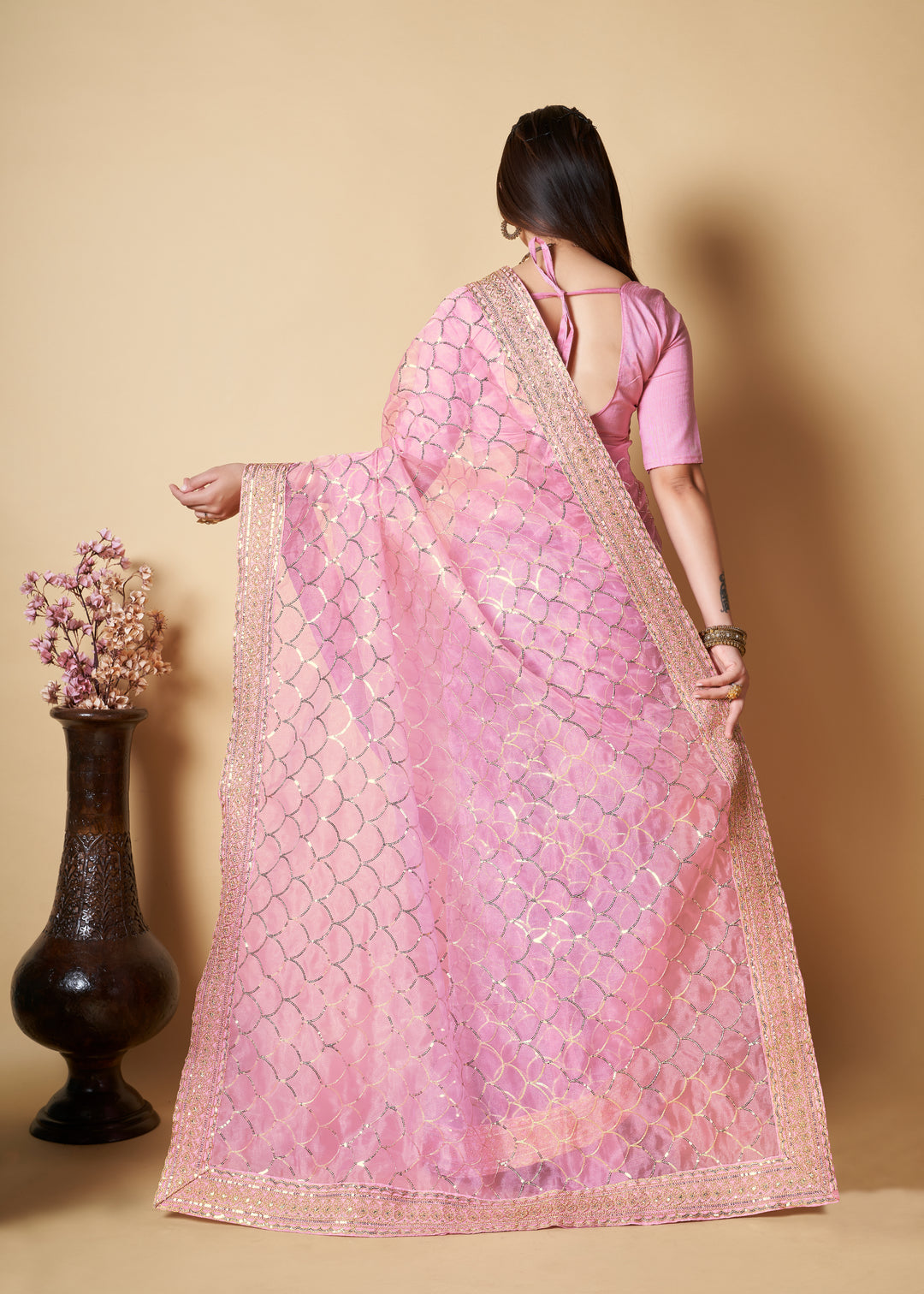 Gorgeous Pink Organza Saree with Pink Blouse | Captivating Traditional Ensemble