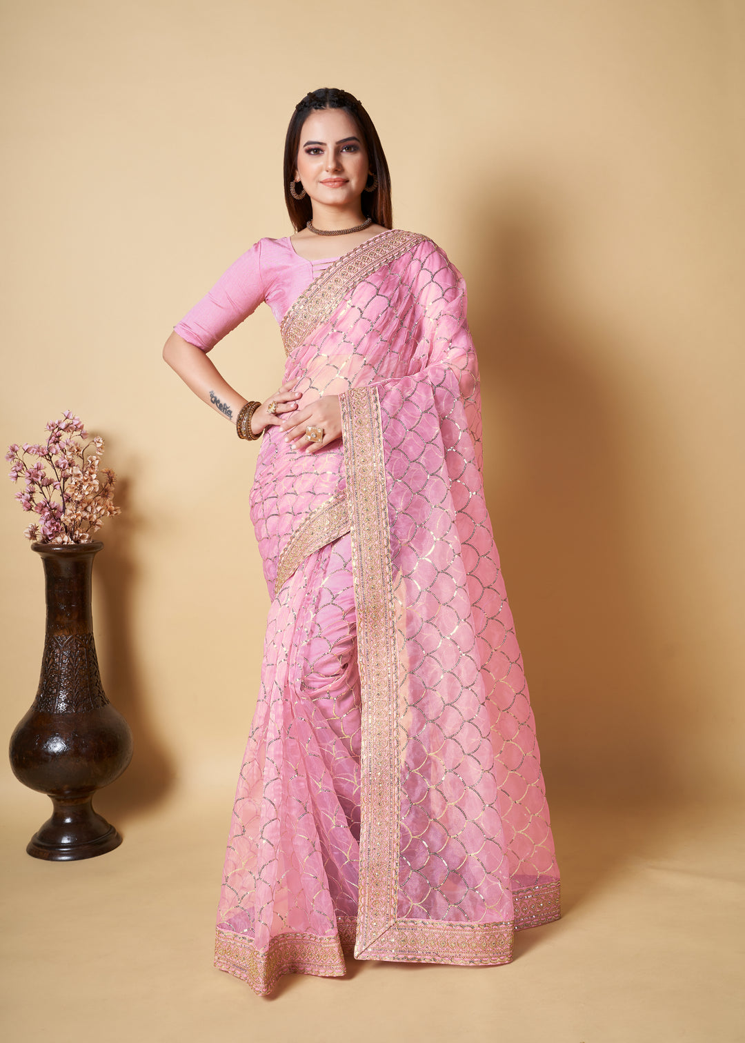 Gorgeous Pink Organza Saree with Pink Blouse | Captivating Traditional Ensemble