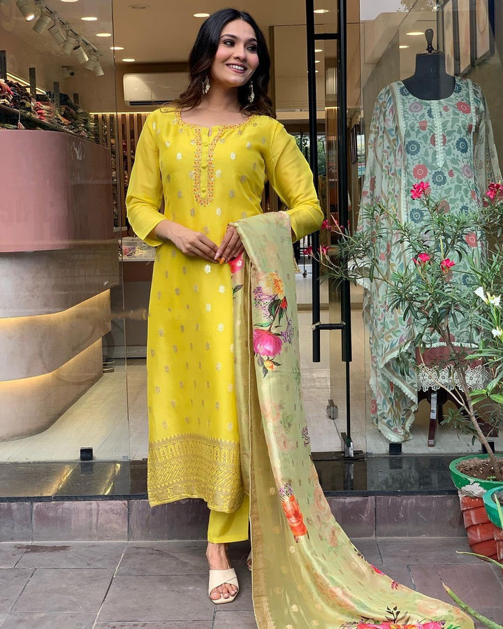 Festive Yellow Kurti Set | Round Neck Outfit with Viscose Bottoms