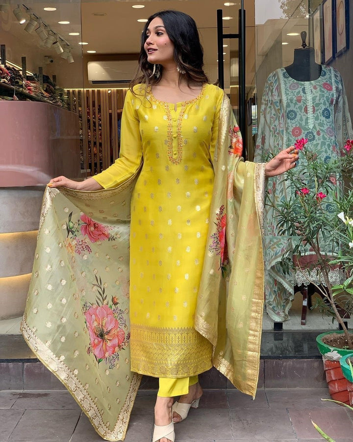 Festive Yellow Kurti Set | Round Neck Outfit with Viscose Bottoms