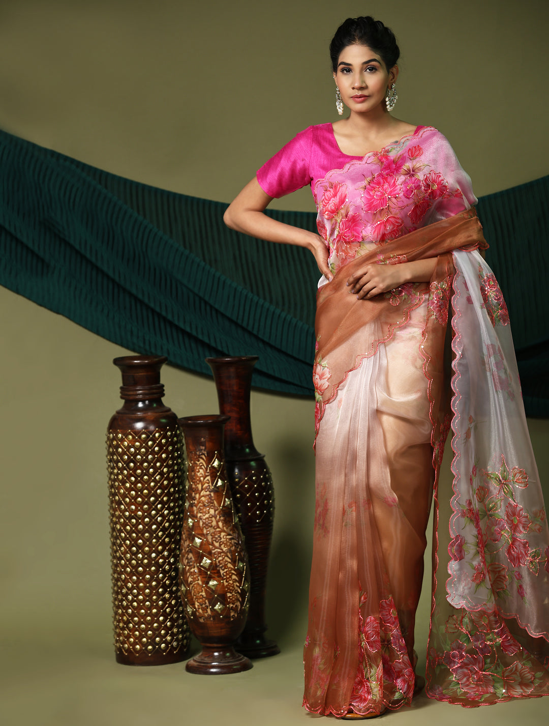 Breathtaking Brown Organza Saree with Pink Blouse | Elegance Redefined for Weddings