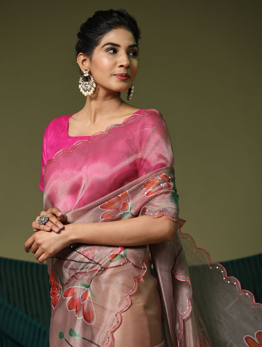 Exquisite Coffee Organza Saree with Pink Blouse | Unmatched Beauty for Grand Occasions